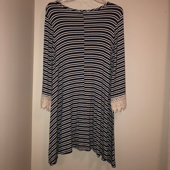 Navy Striped Dress with Lace Sleeve Detail - Picture 4 of 4